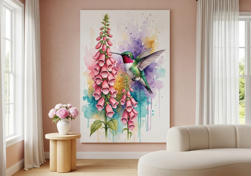 hummingbird watercolor canvas wall art with ruby pink green and purple tones for mixed size nature gallery wall