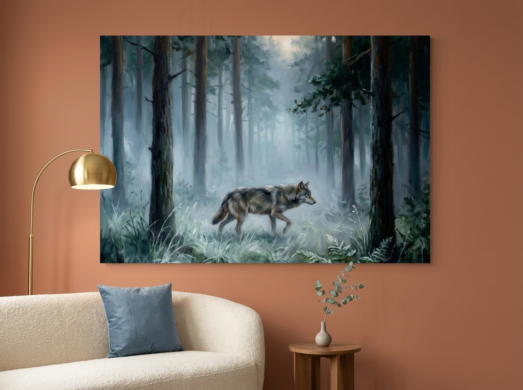 Wolf in a moonlit misty forest canvas wall art in blue teal and silver tones for a calming bedroom mood