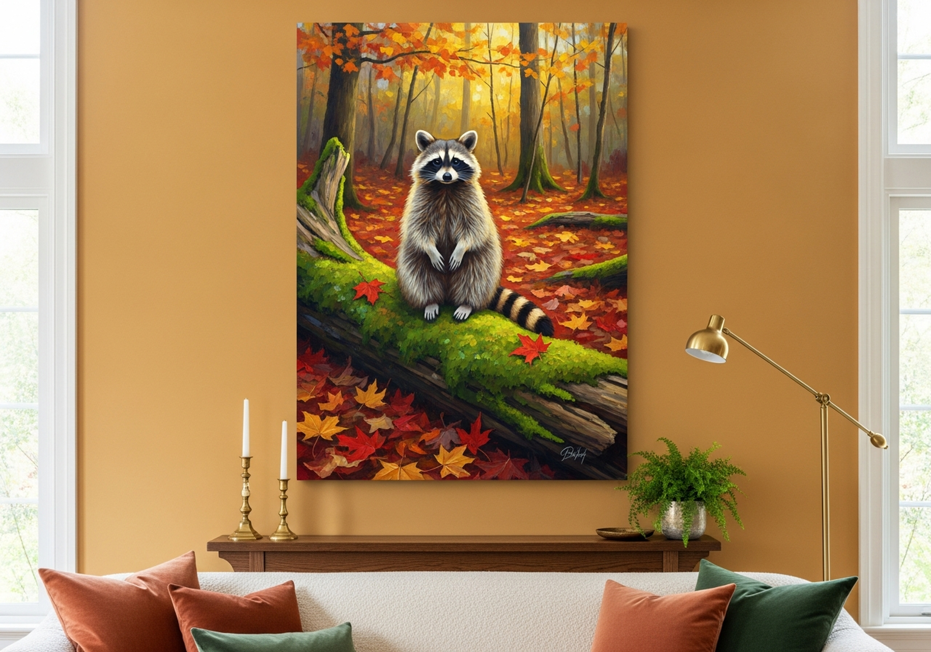 Raccoon canvas wall art autumn woodland oil painting for cottage living room with warm Mediterranean earthy palette
