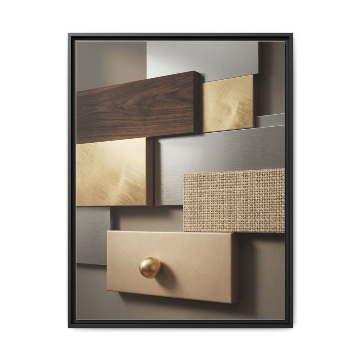 Geometric Texture Panels canvas wall art with walnut and gold abstract pattern displayed in a modern living room above a sofa
