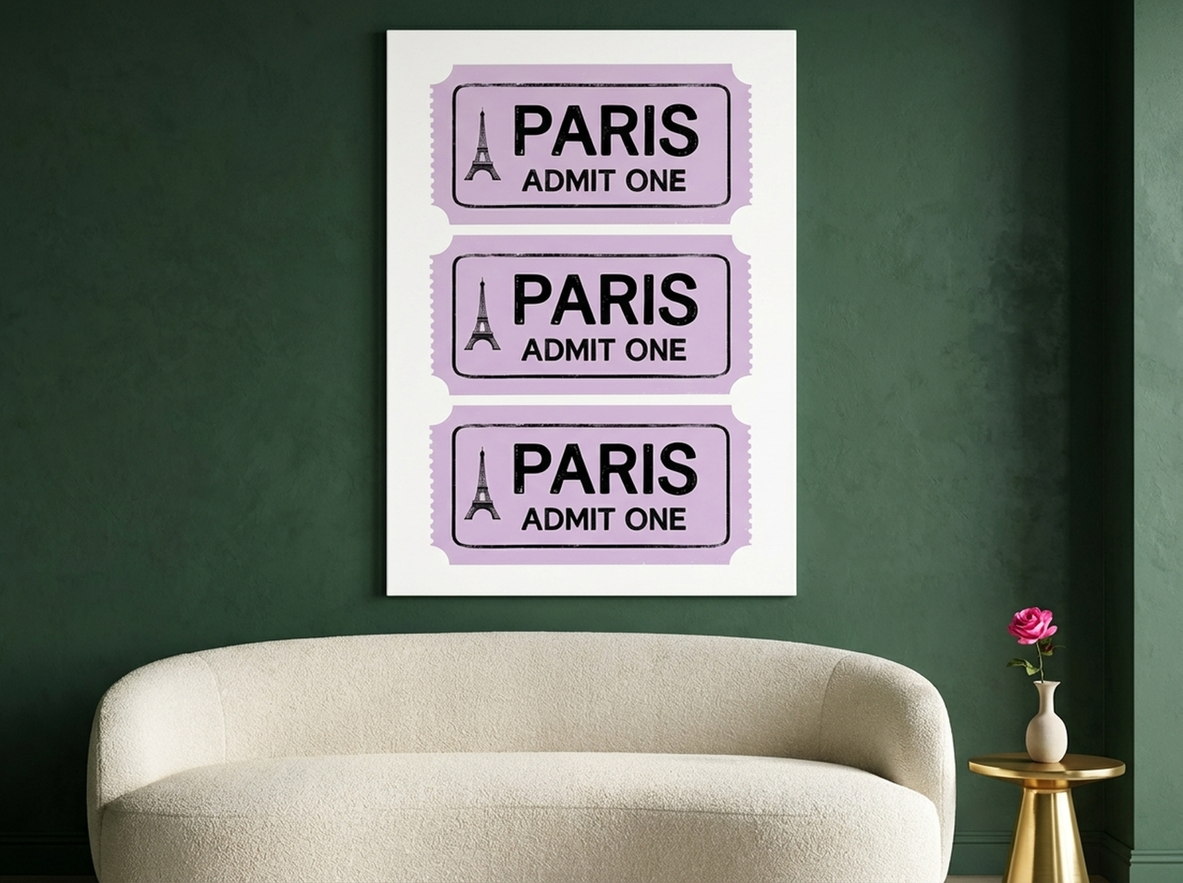 Paris Admit One Retro Ticket Canvas Print lavender Eiffel Tower wall art with vintage ticket stub design for dreamy bedroom