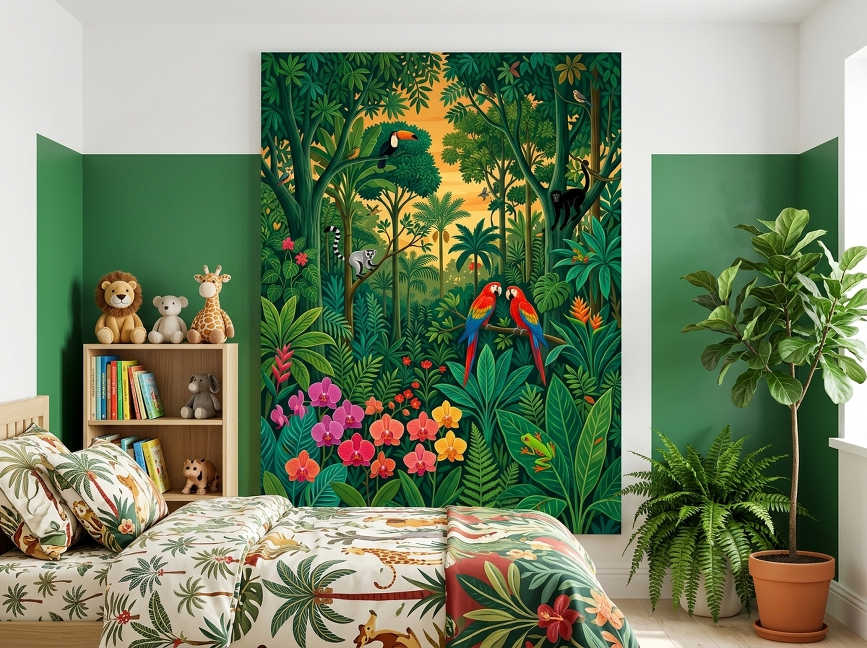 Rainforest Parrots Rousseau Style Nursery Canvas Wall Art