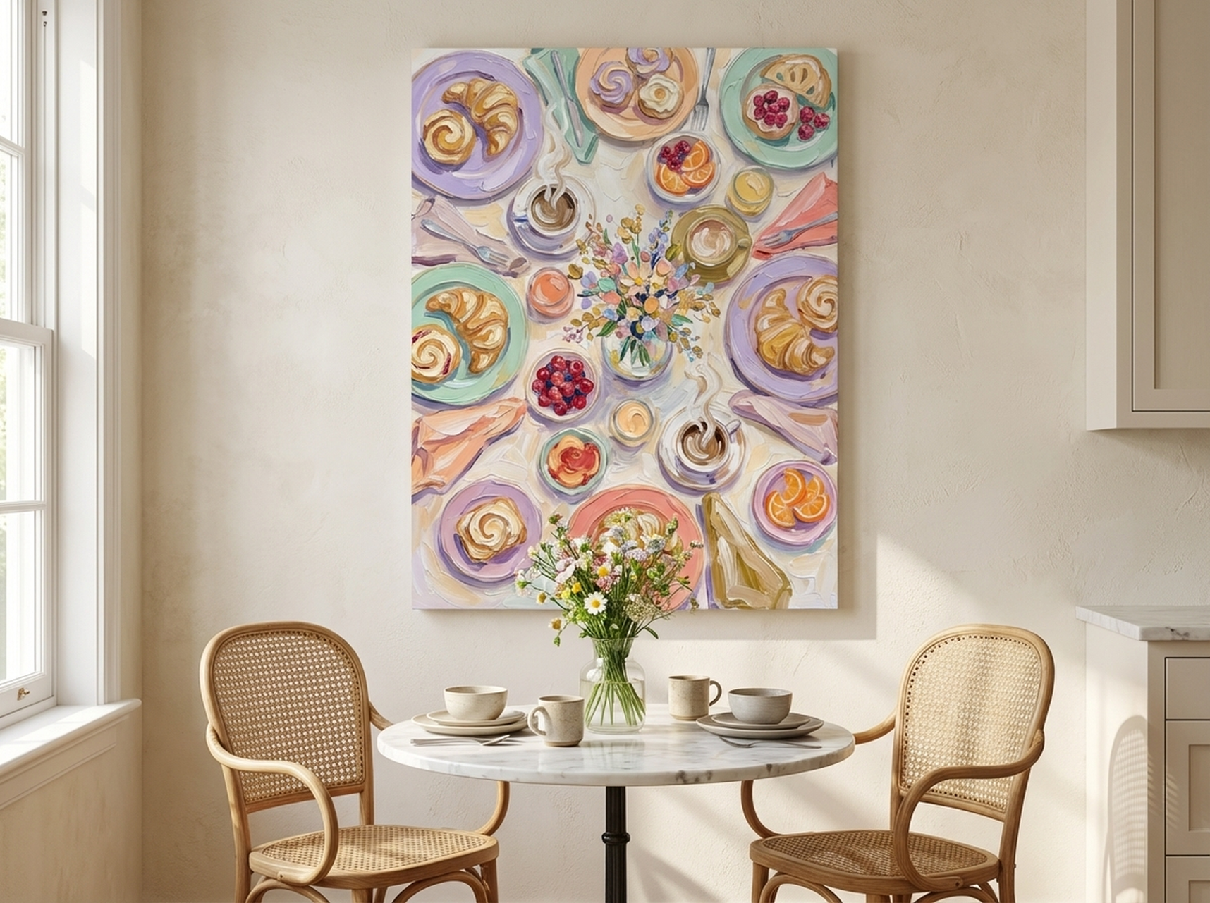 Abstract brunch table canvas wall art in lavender, mint, and peach tones for a colourful kitchen breakfast nook