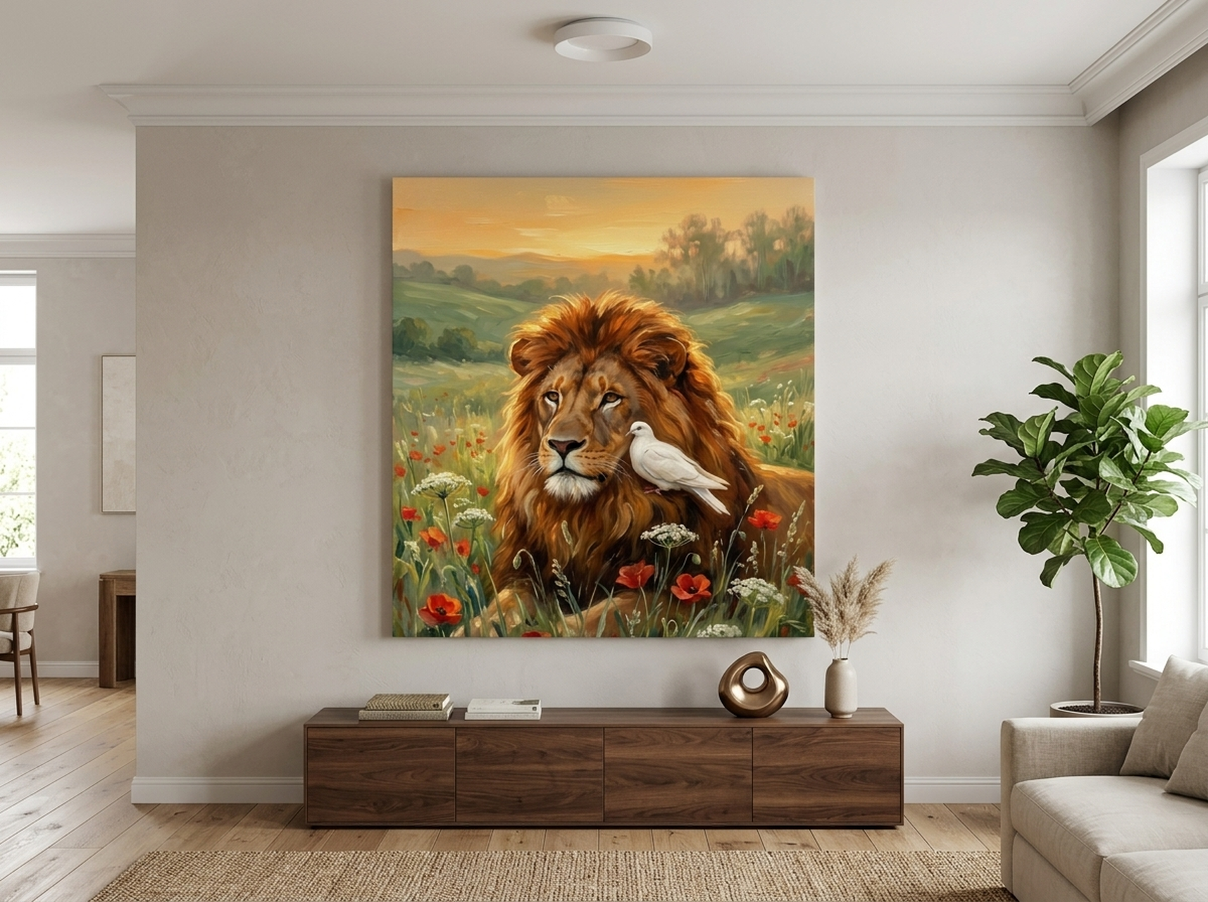 Lion and Dove impressionist canvas wall art in gold orange green and cream with Christian faith peace symbolism