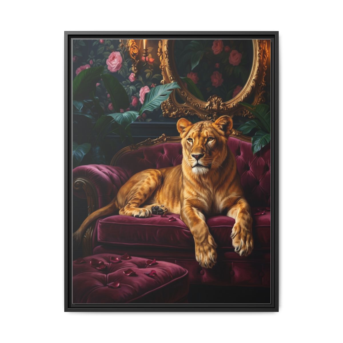 Lioness baroque painting in burgundy and gold tones displayed in a luxurious living room setting