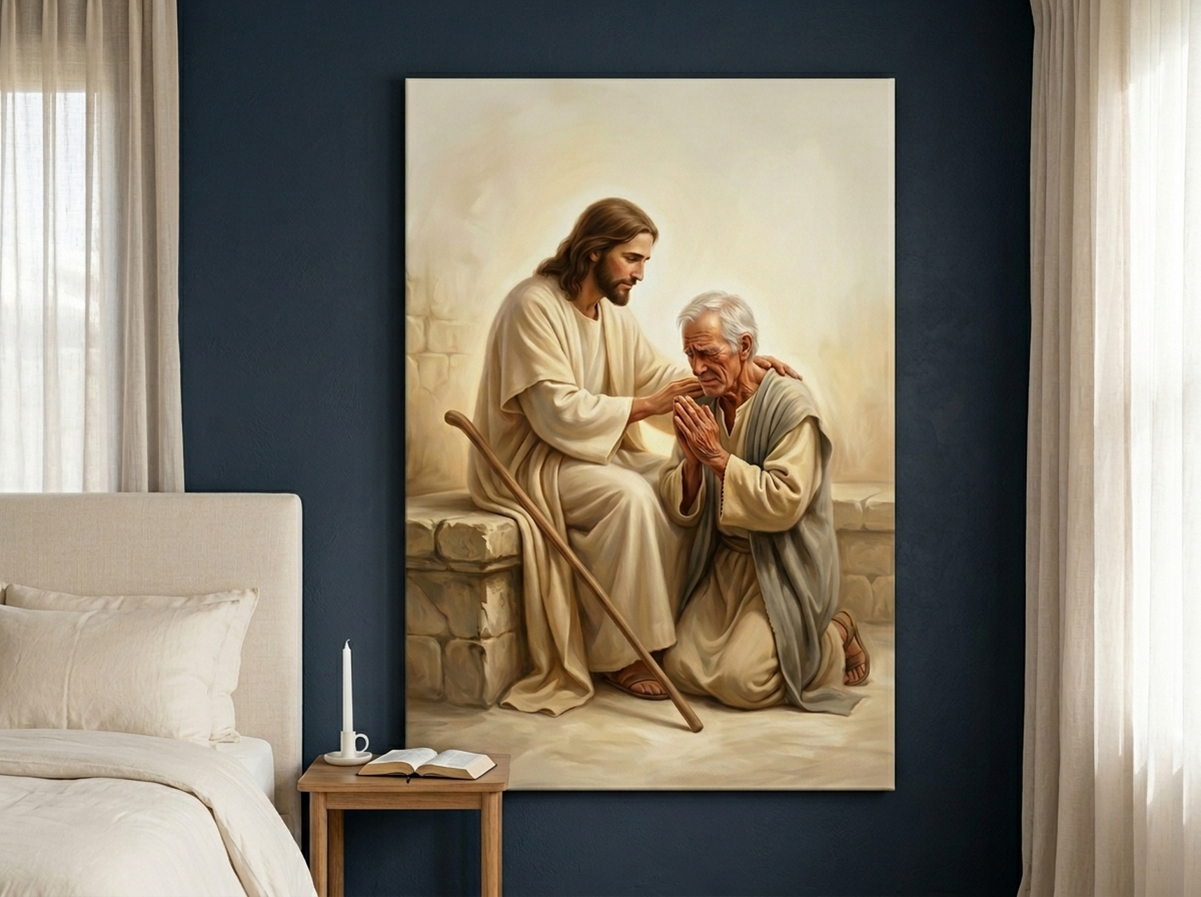 Jesus Embracing Man painterly canvas wall art in cream, gold, and brown tones for a prayer room