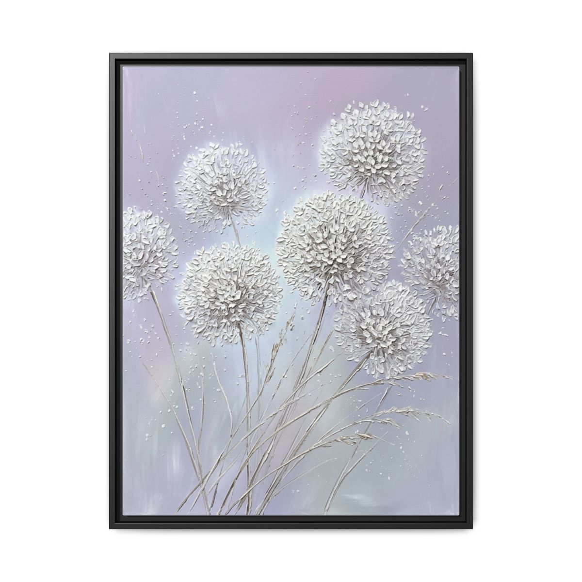 Allium floral impasto canvas print displayed in a modern living room with lavender tones and natural light