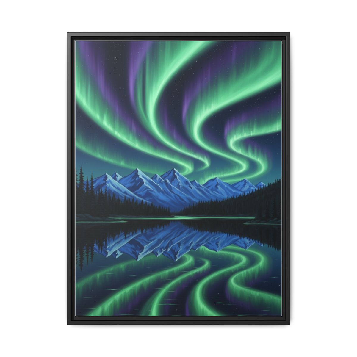 Northern Lights aurora borealis canvas wall art with turquoise green and navy tones displayed over a mountain lake scene