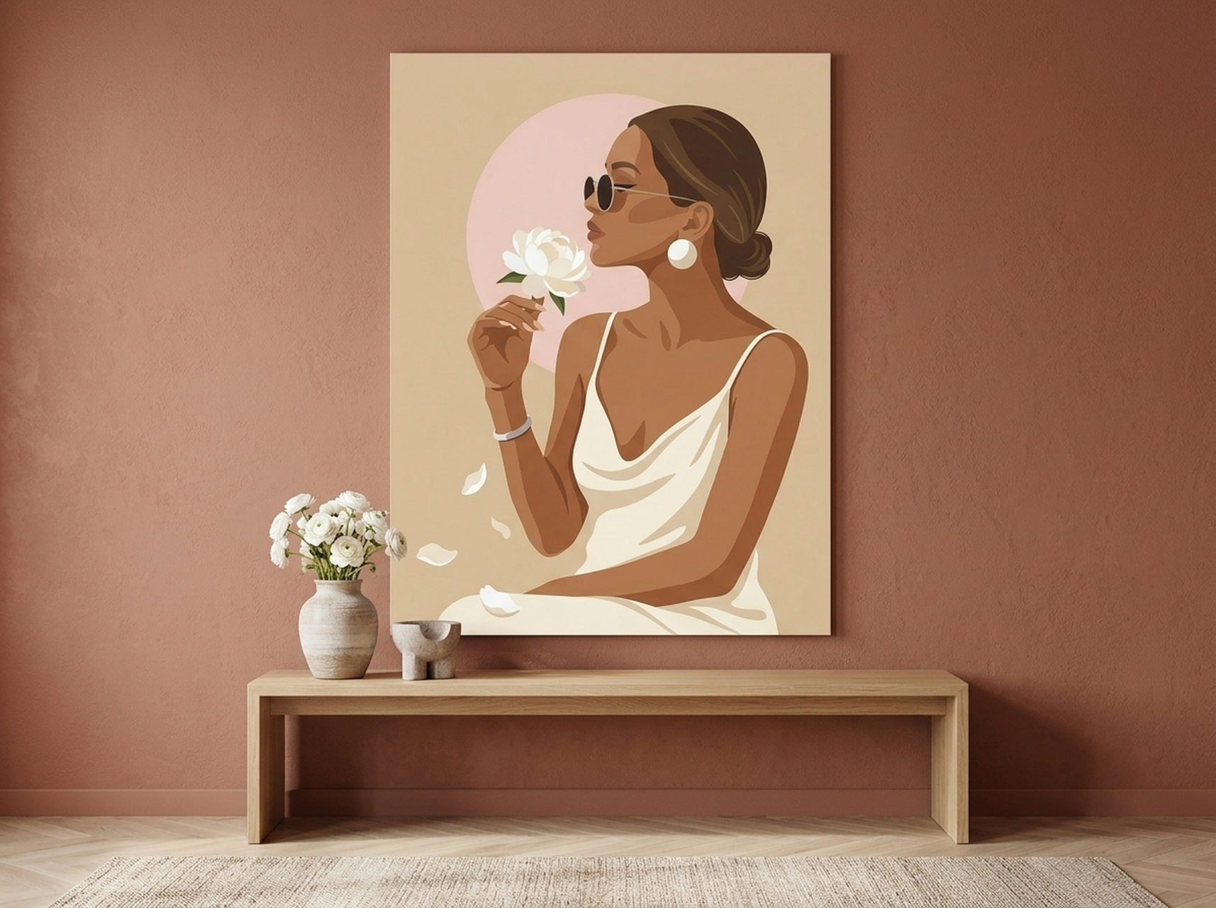 Woman with peony flowers fashion editorial canvas wall art in cream blush and champagne tones for a dreamy bedroom mood
