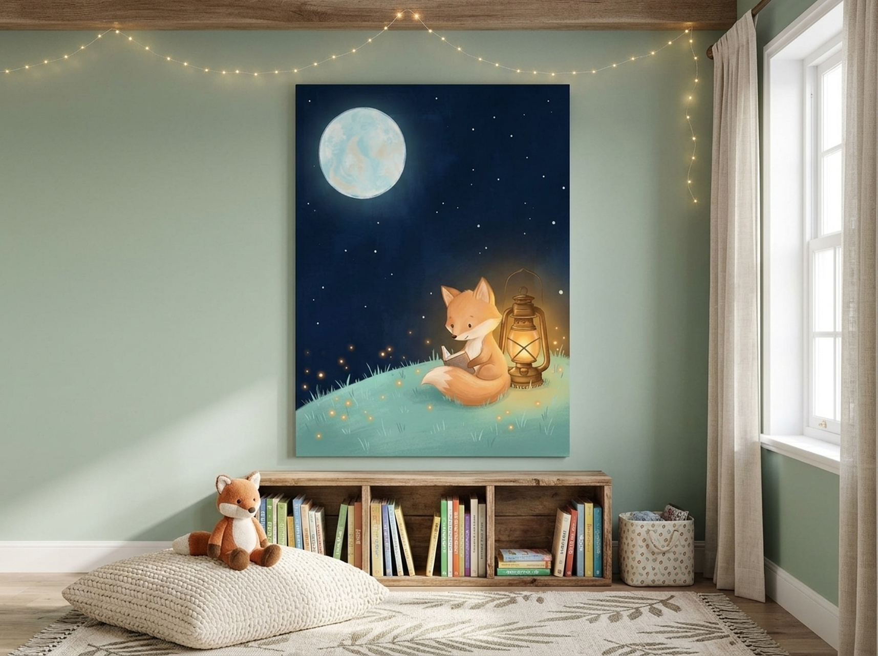 Fox reading by starlight whimsical nursery canvas wall art with a cozy fox and open book under a night sky