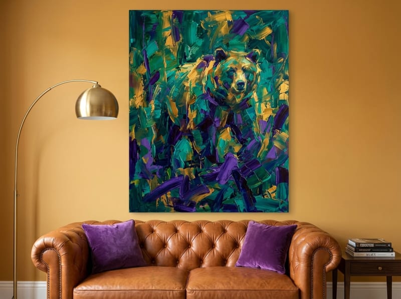 Abstract grizzly bear canvas wall art in emerald green and gold with expressive brushstrokes