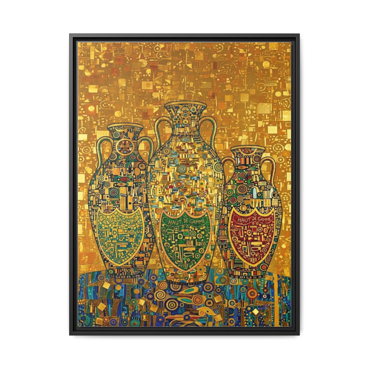 Klimt Urn Trio gold mosaic canvas wall art with jewel tones of teal emerald and burgundy in a living room