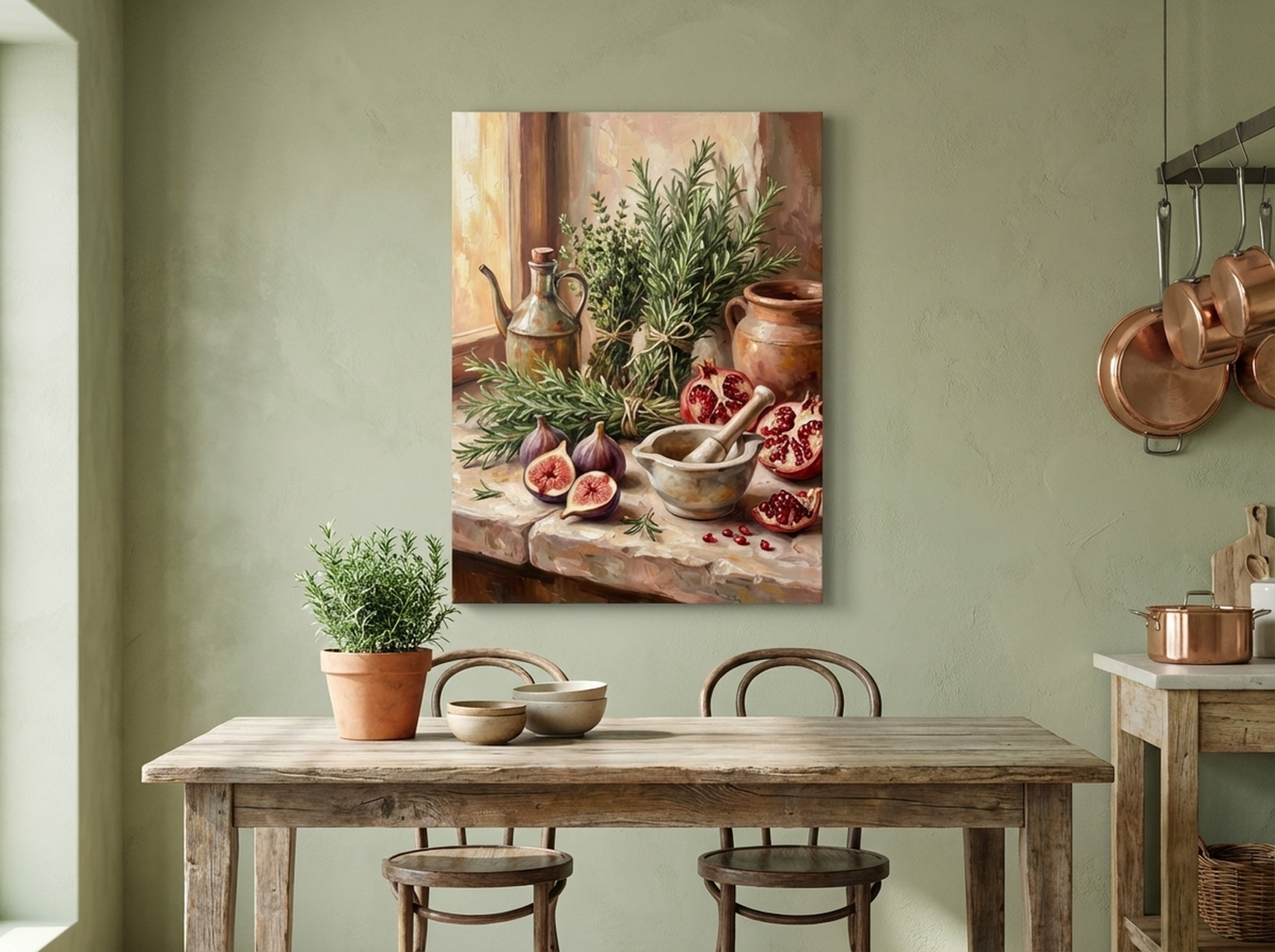 Herbs and Figs still life canvas wall art ,  impressionist kitchen dining room decor print