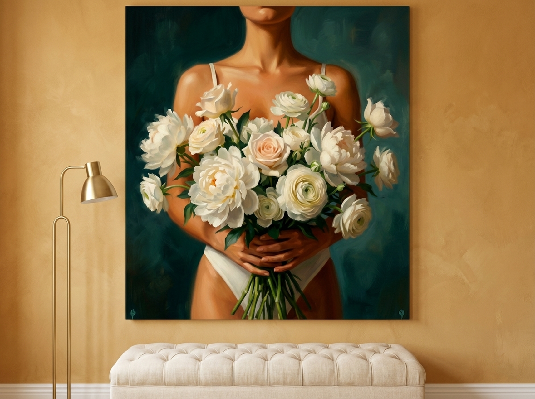 Floral Figure teal oil painting canvas print showing a woman with white peonies, feminine vintage style for a gallery wall arrangement