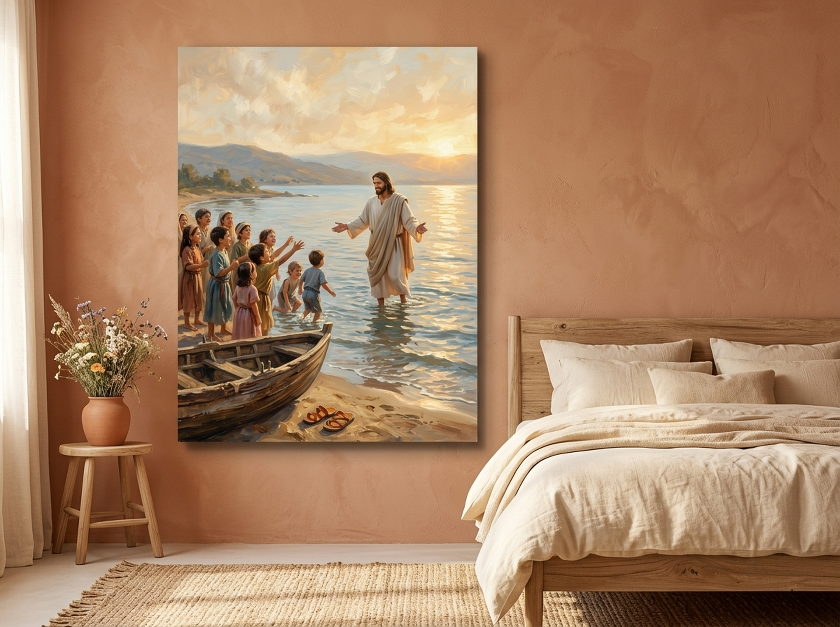Jesus with Children painterly canvas wall art in warm terracotta cream and gold tones with pastoral setting