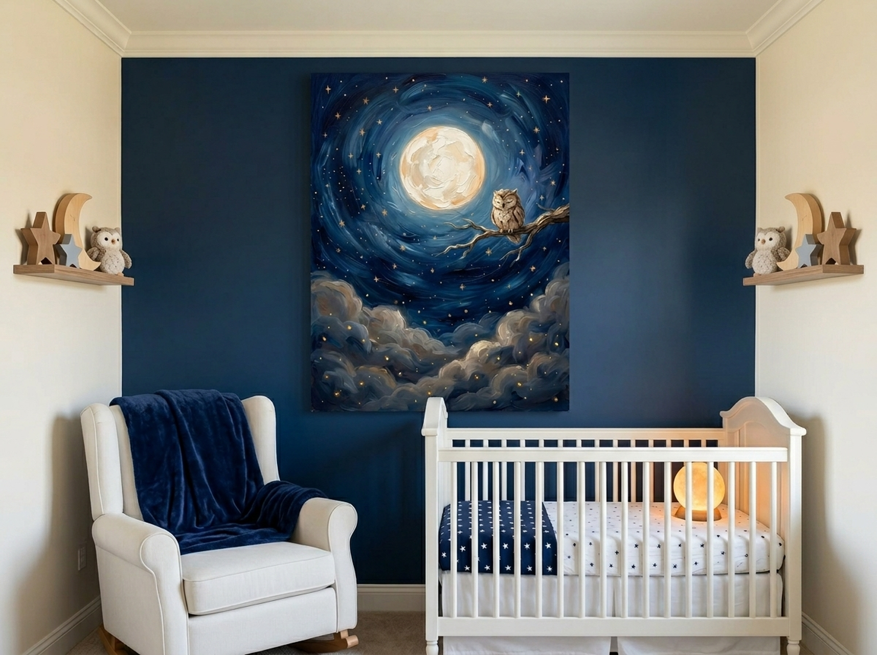 Celestial moon owl oil painting nursery canvas wall art in rich blues and golds for a gender neutral baby room