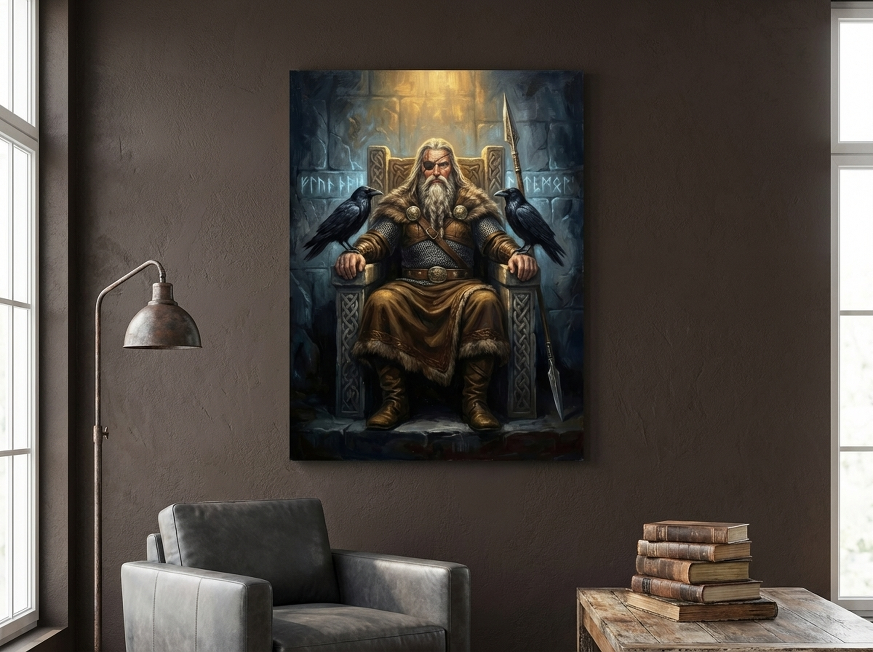 Odin Norse God Viking Canvas Wall Art with storm grey and raven mythology oil painting print