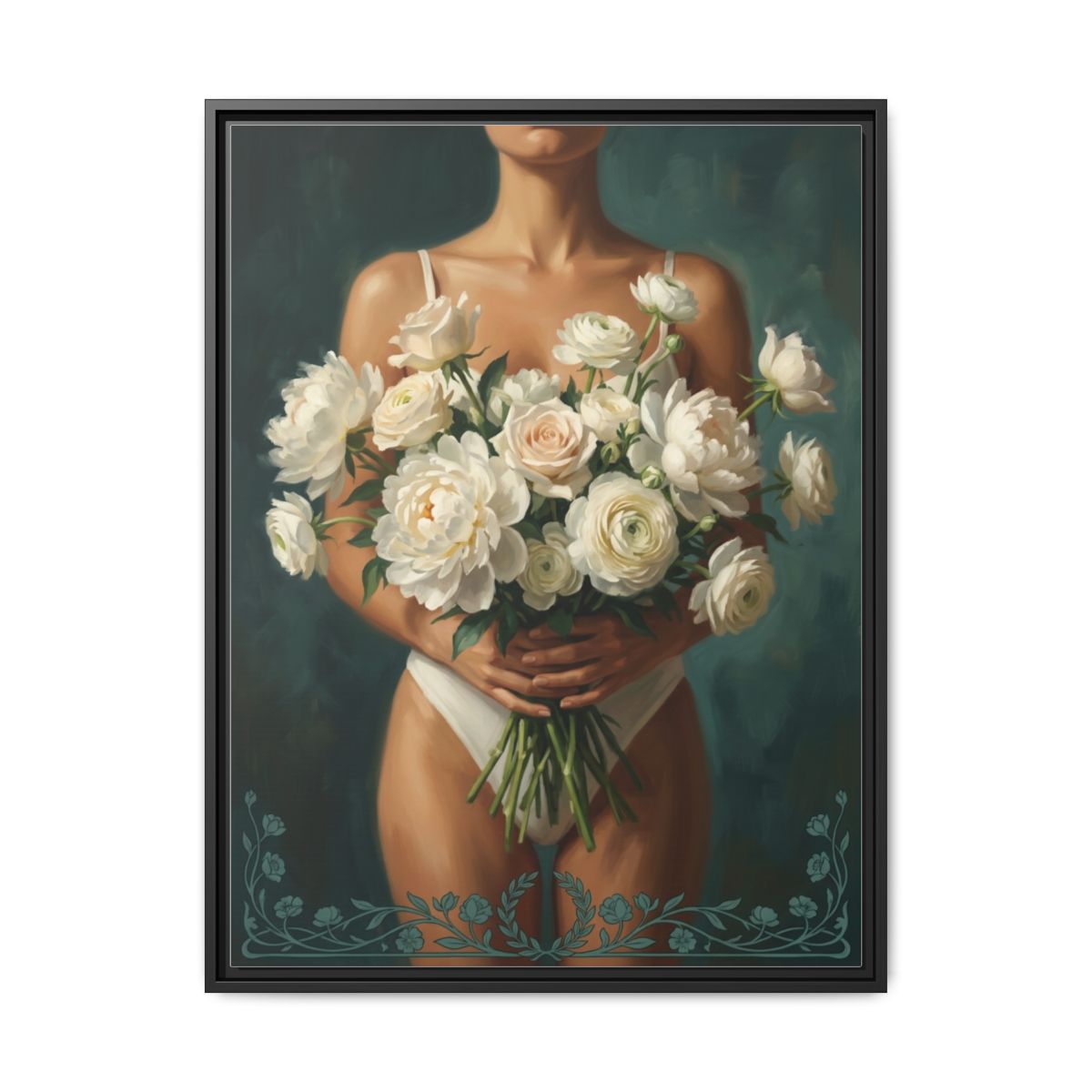 Floral Figure oil painting canvas print in teal and cream with white peonies displayed above a living room sofa