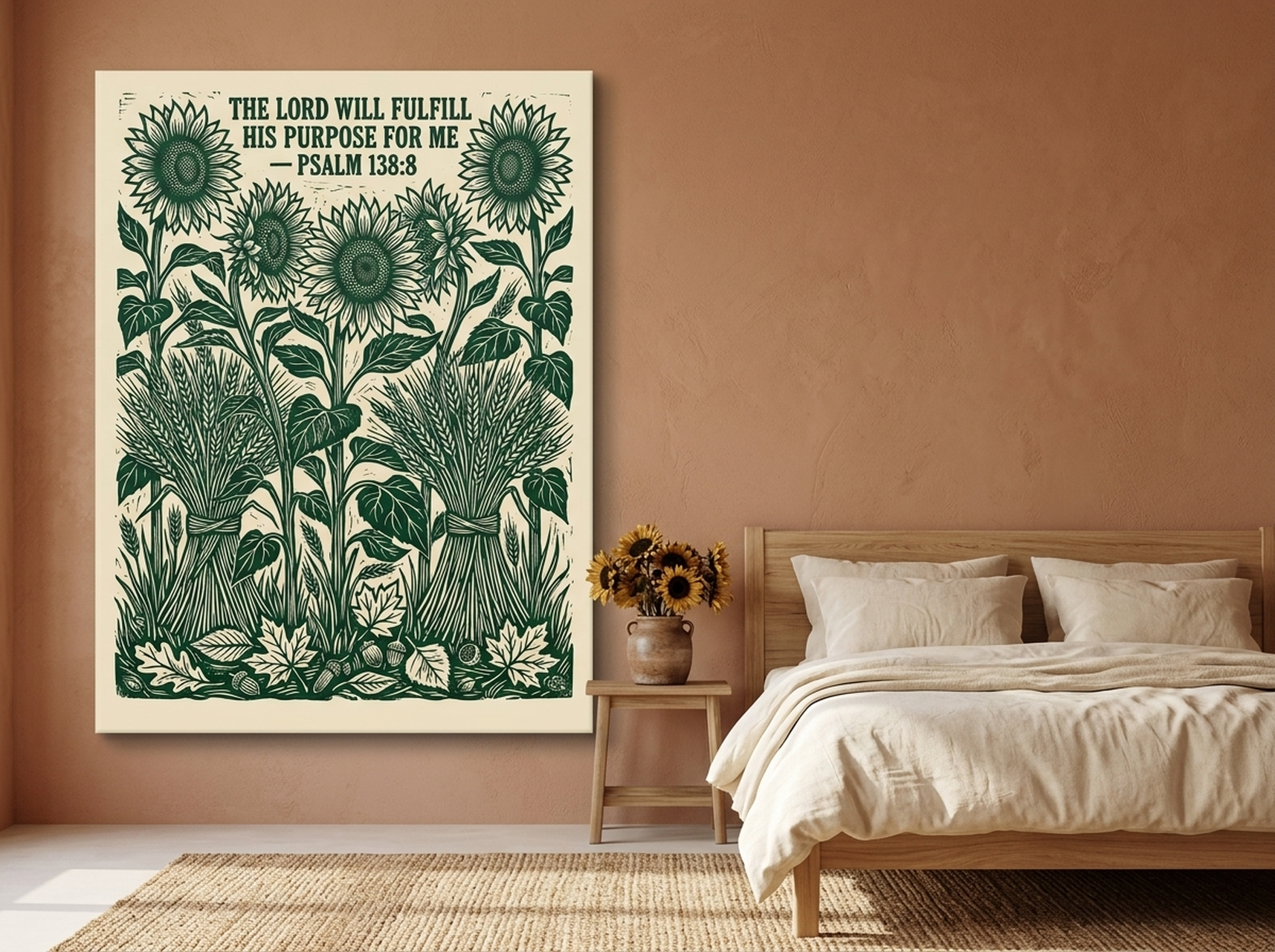 Sunflower Scripture vintage linocut canvas wall art in cream green and black with Christian Bible verse botanical design