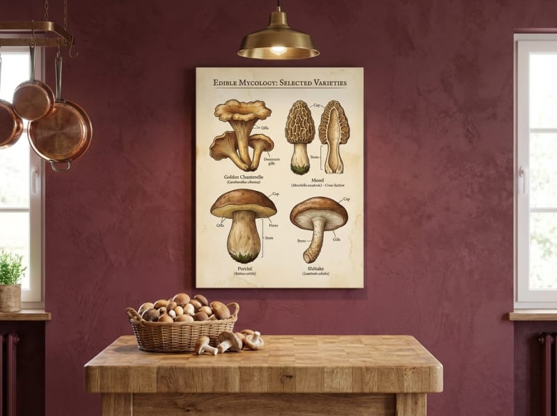 Scientific botanical mushroom chart canvas print in earthy tones, ideal for farmhouse or modern kitchen decor
