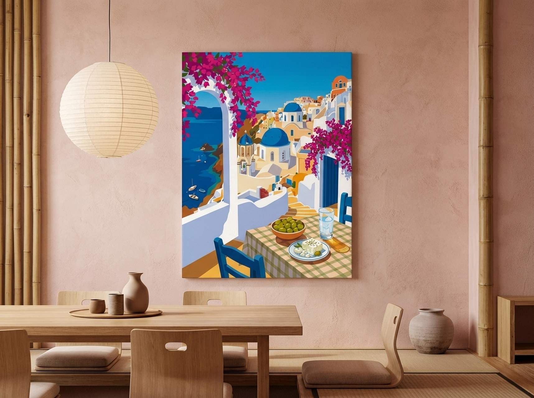 Greek Taverna canvas wall art Aegean blue travel poster print for Mediterranean kitchen or dining room decor