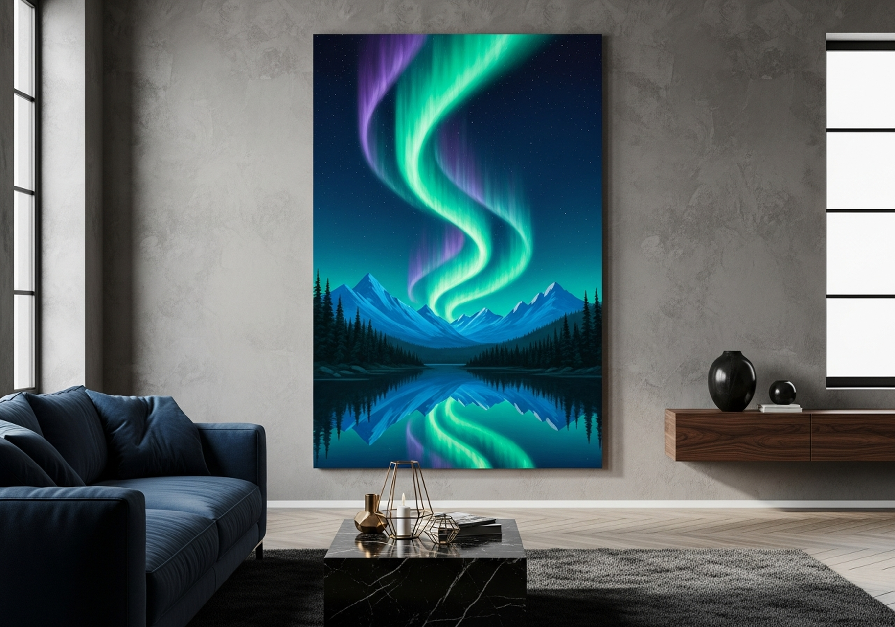 Northern Lights Aurora Borealis canvas wall art with turquoise green and purple sky reflected in a mountain lake, large format for above a wide sofa