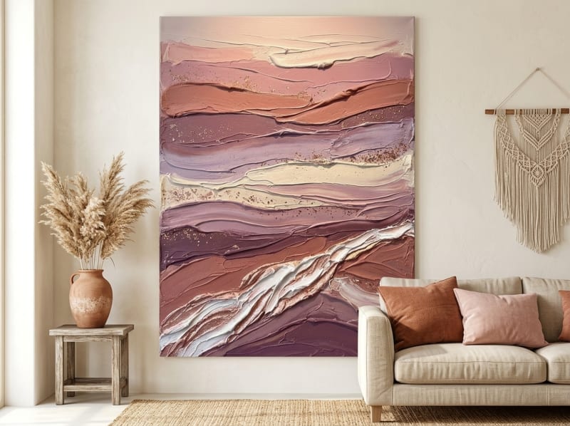 Canyon Strata canvas wall art with impasto geological layers in rose, terracotta, and cream earth tones