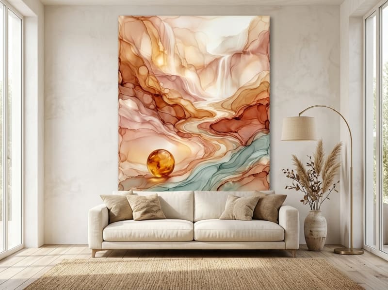 fluid abstract landscape canvas wall art with gold amber and teal tones for modern living room gallery wall grid layout