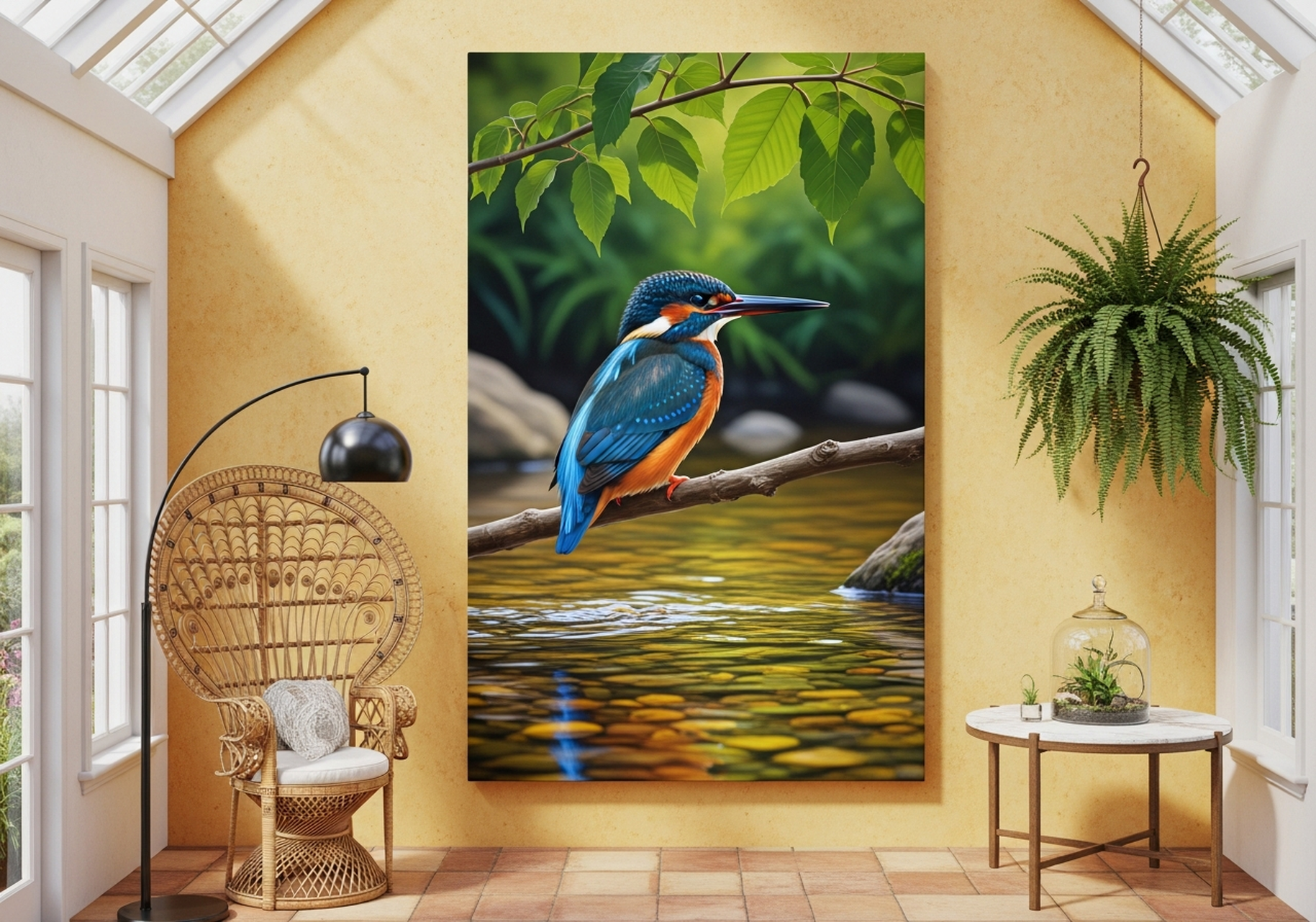 Kingfisher river bird painting canvas wall art, garden room nature decor
