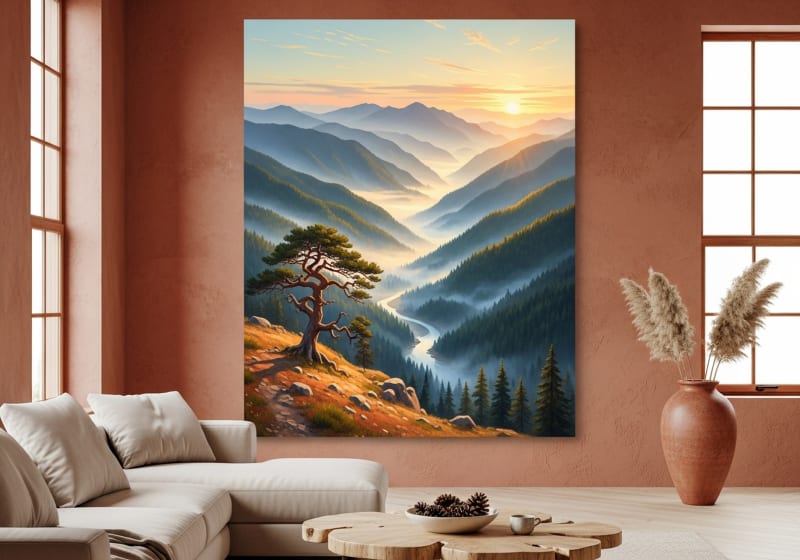 misty mountain valley sunrise landscape canvas wall art in amber and forest green