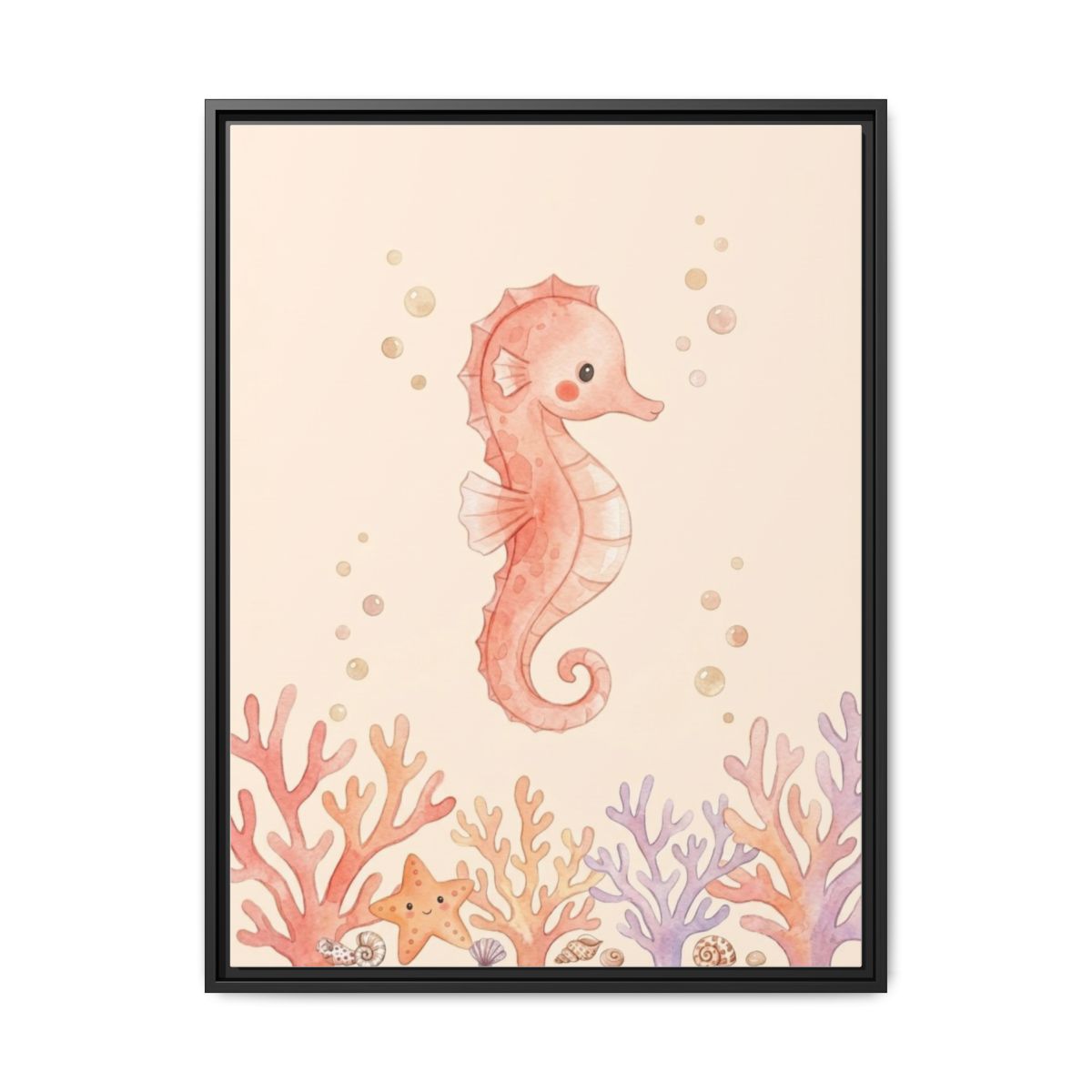 Kawaii Seahorse coral and teal underwater canvas art in a nursery room setting