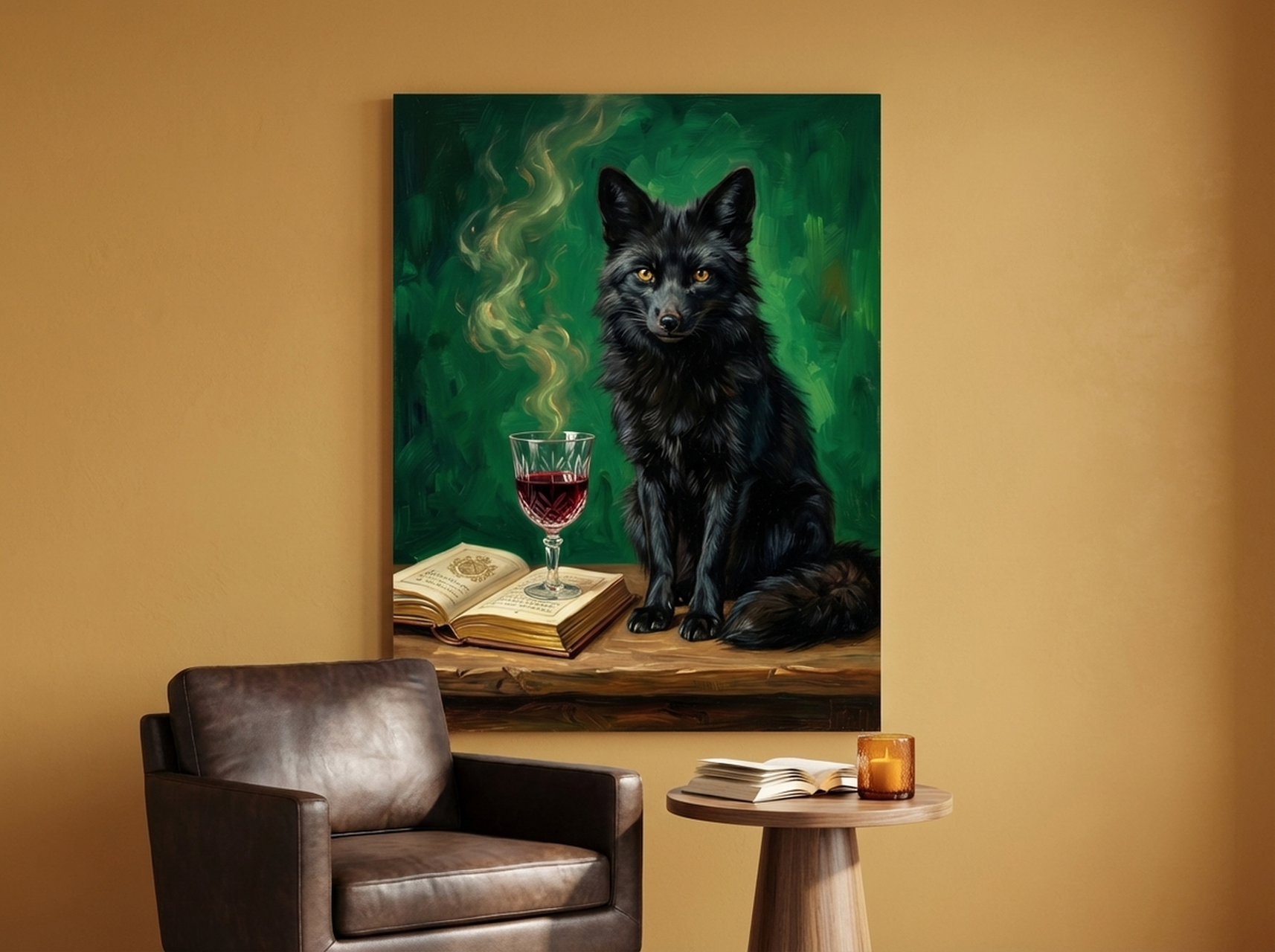 Black Fox Oil Painting Canvas Print | Dark Academia Wall Art | Emerald Green