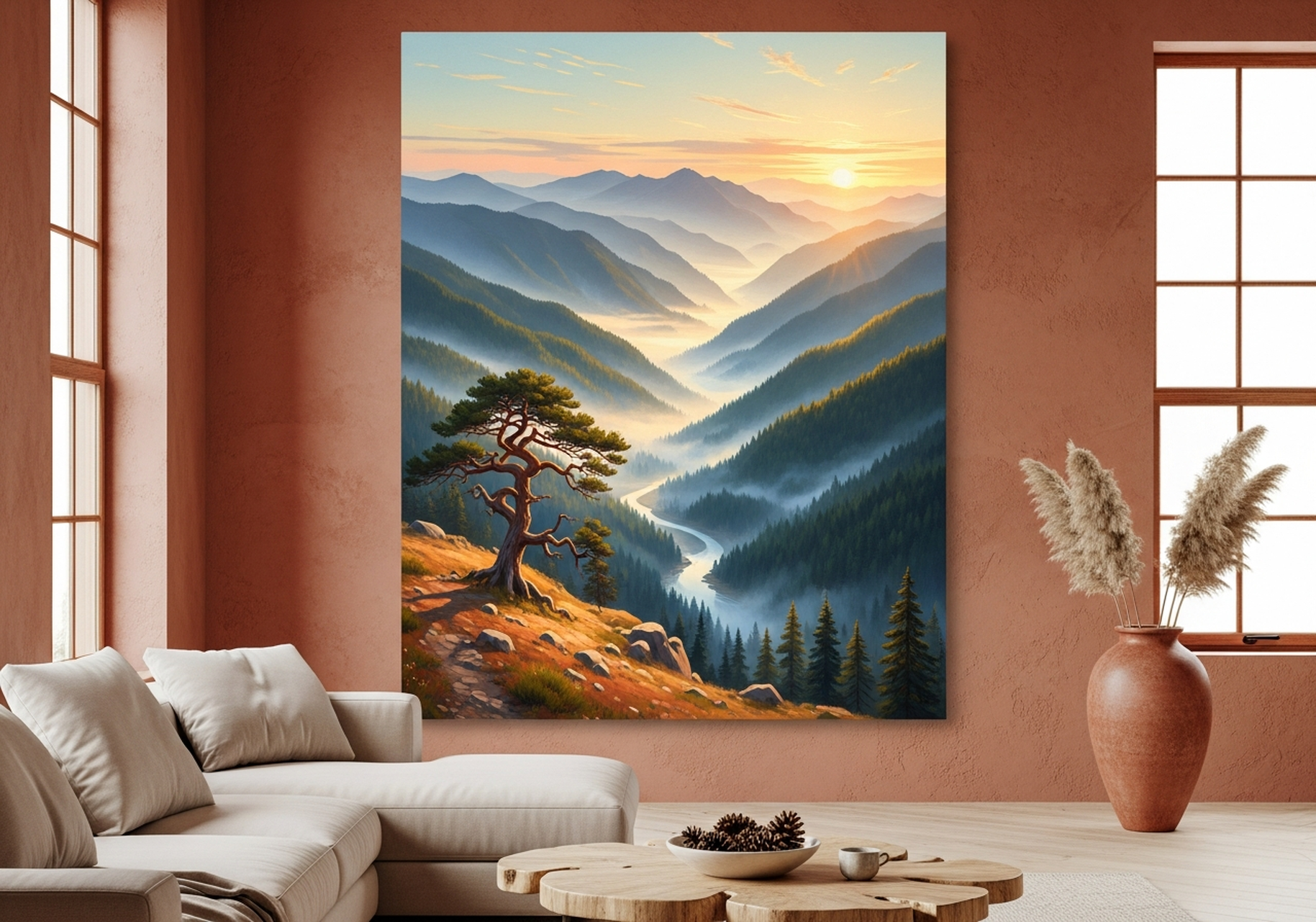 Misty Mountain Valley Canvas Wall Art with sunrise tones perfect for color flow in open concept dining or living areas