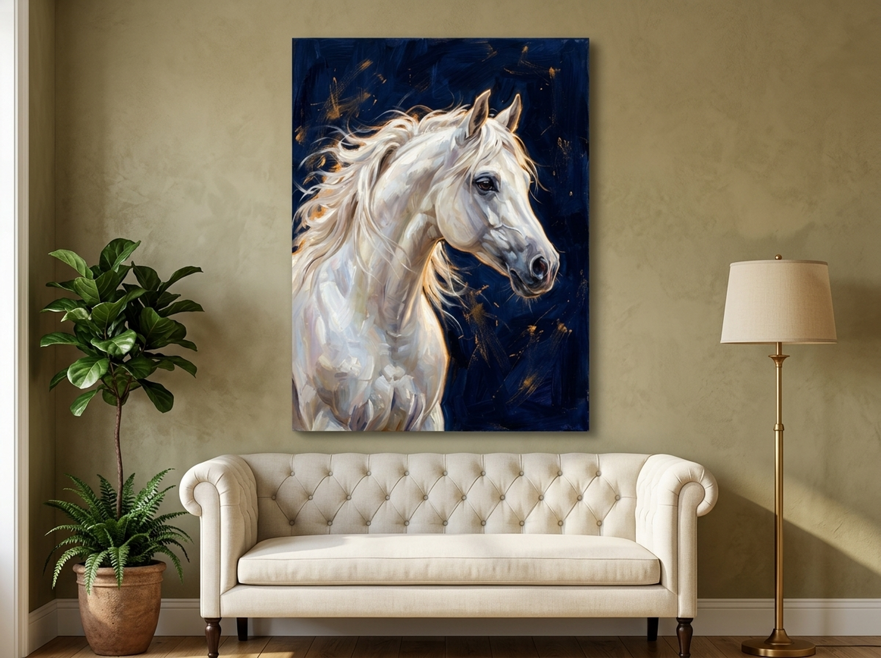 White Horse Impasto Oil Painting Canvas Wall Art with navy and gold palette for living room accent wall