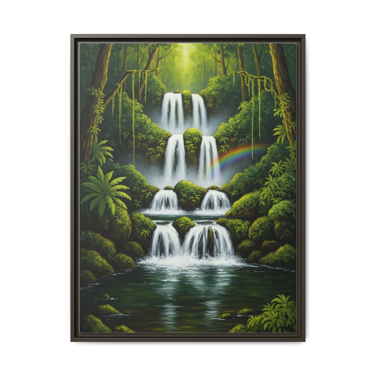 Tropical waterfall canvas wall art with lush green and blue tones in a zen bathroom setting