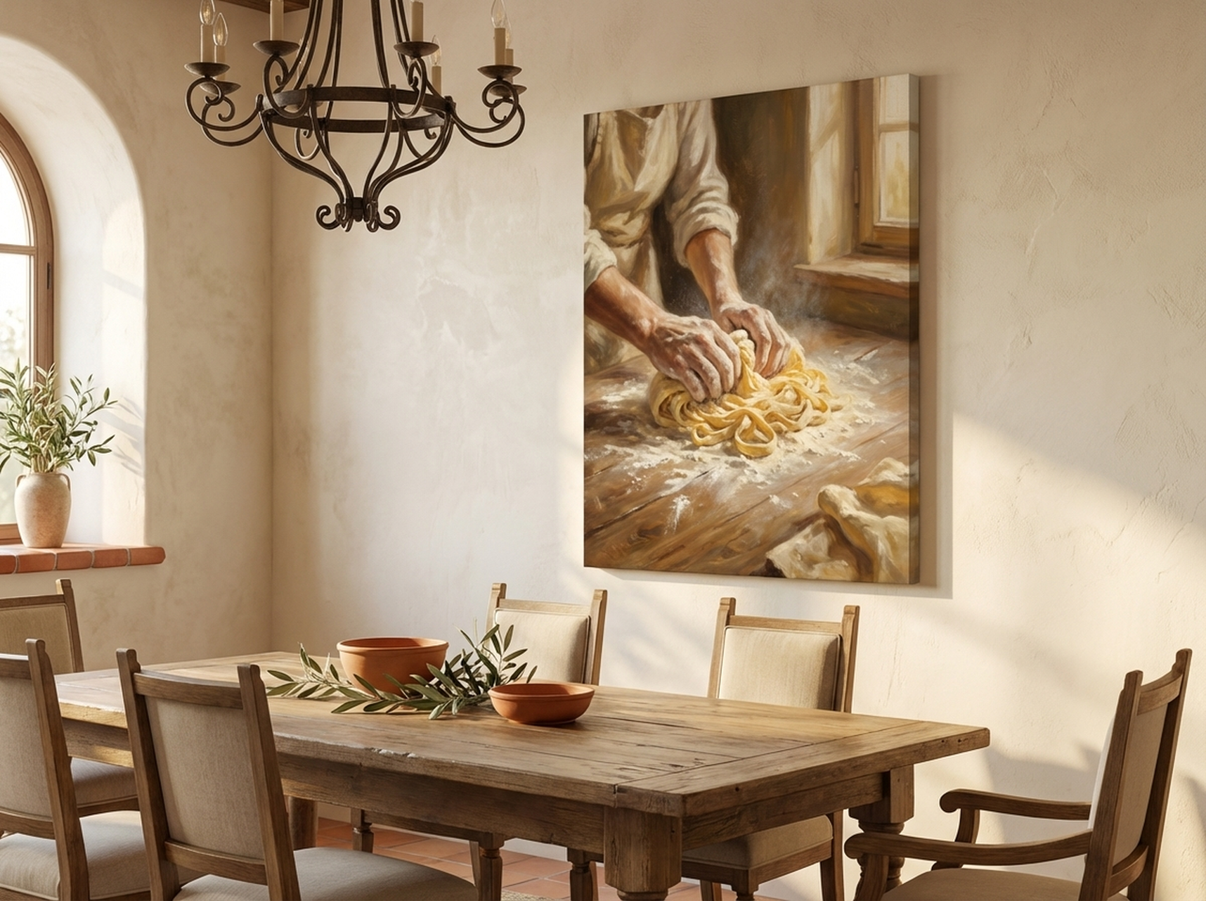 Pasta making canvas wall art oil painting kitchen print for Tuscan dining room with warm terracotta and ochre tones
