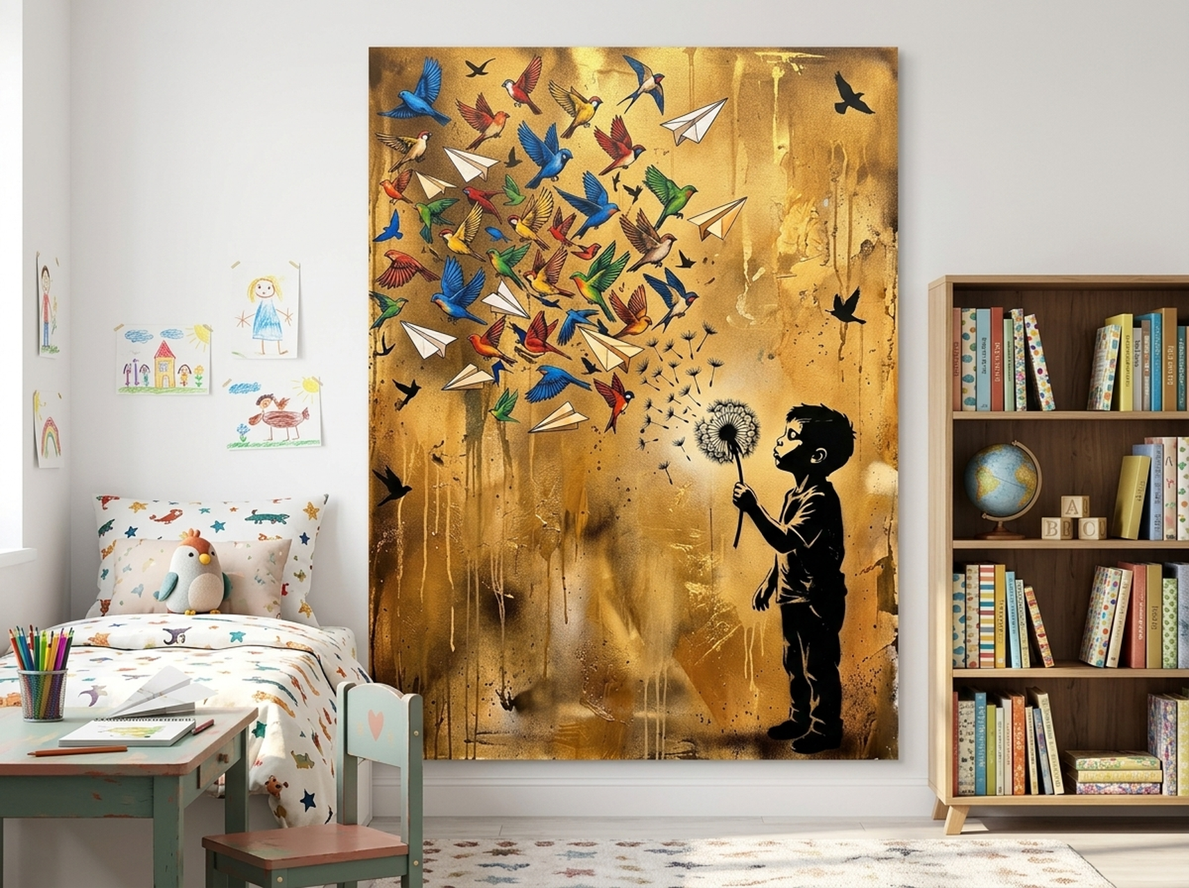 Dandelion birds street art style nursery canvas wall art with seeds floating into birds on a soft background