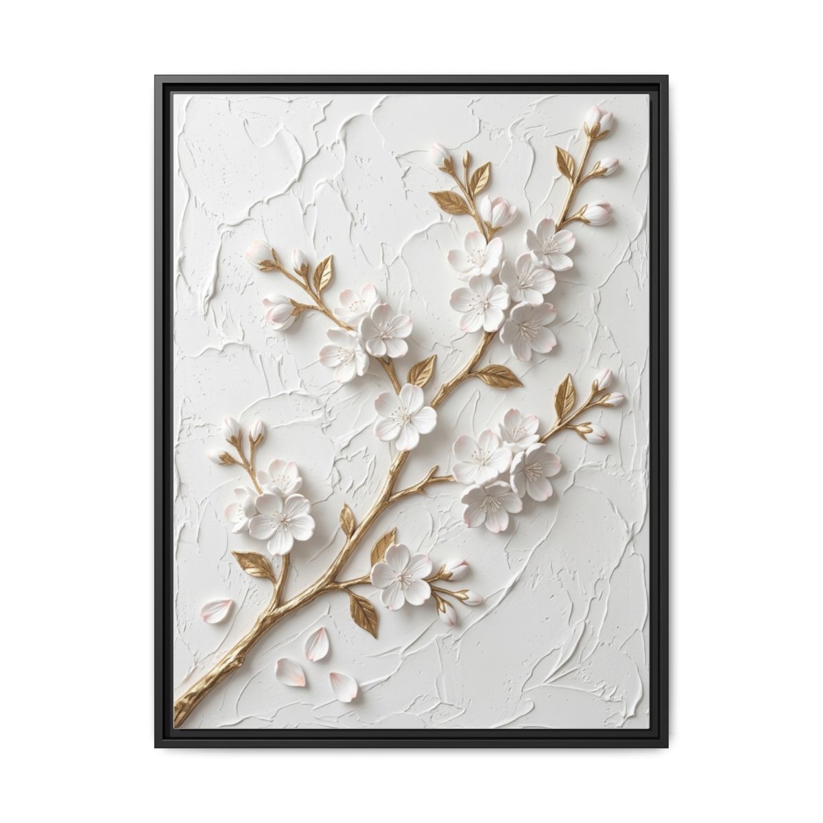 Cherry Blossom sculptural relief canvas wall art in white and gold displayed above a living room sofa with elegant decor