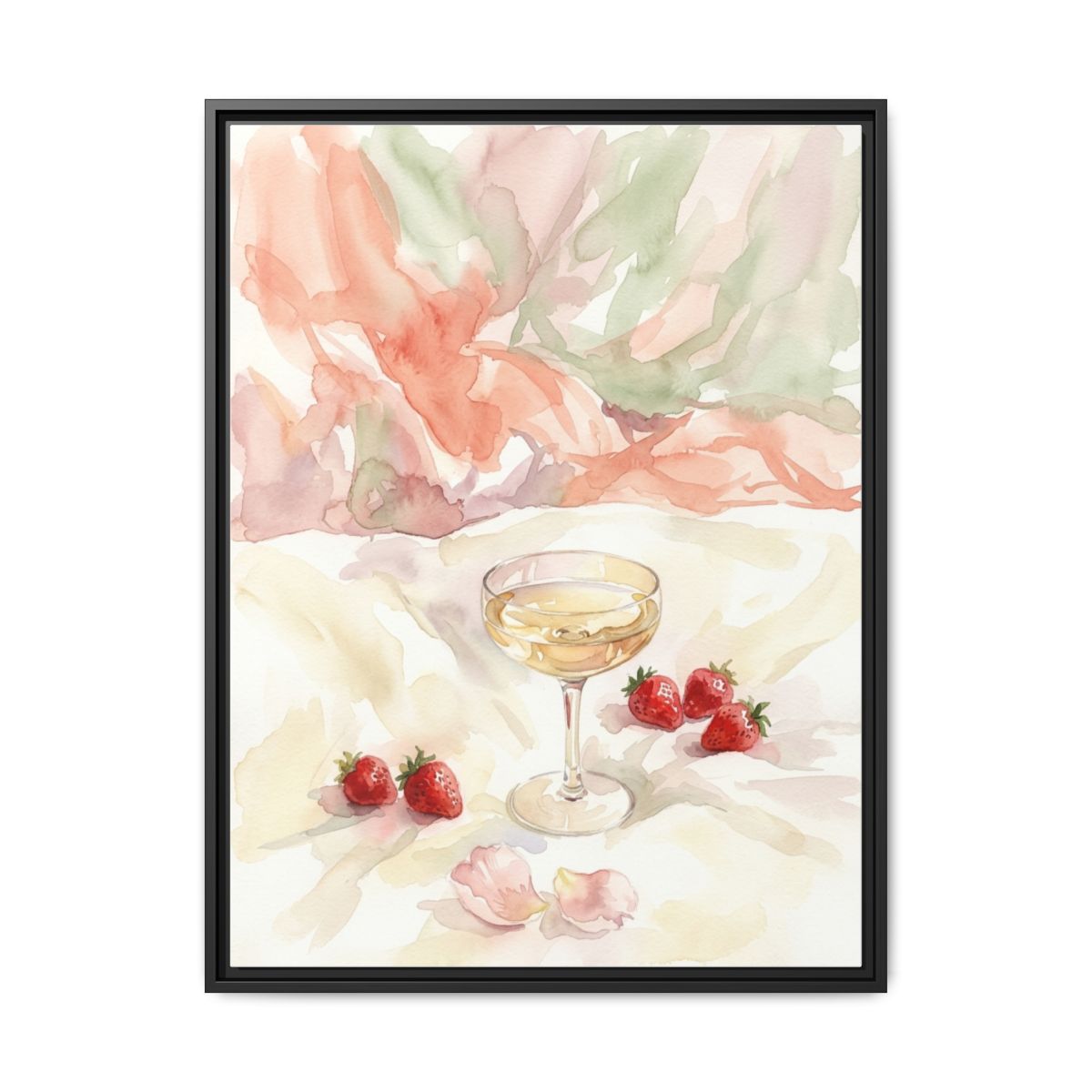 Champagne Strawberry watercolor canvas wall art with blush pink and cream tones displayed in a romantic bedroom setting