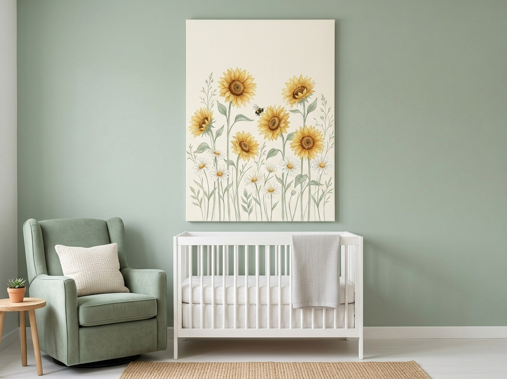 Sunflower daisy botanical boho wildflower nursery canvas wall art in warm yellow and green tones