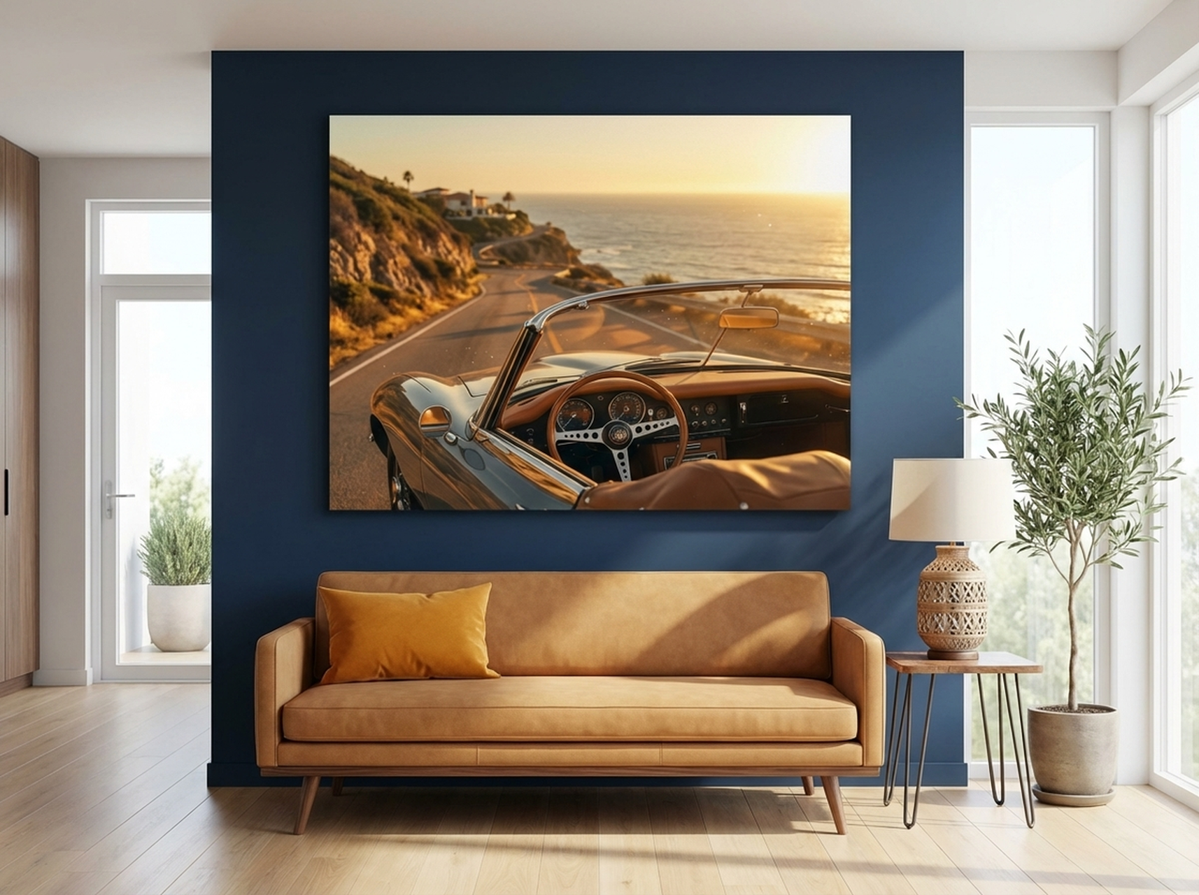 Cote d Azur Vintage Convertible Canvas Print, amber gold coastal travel photography with classic car and Mediterranean sea
