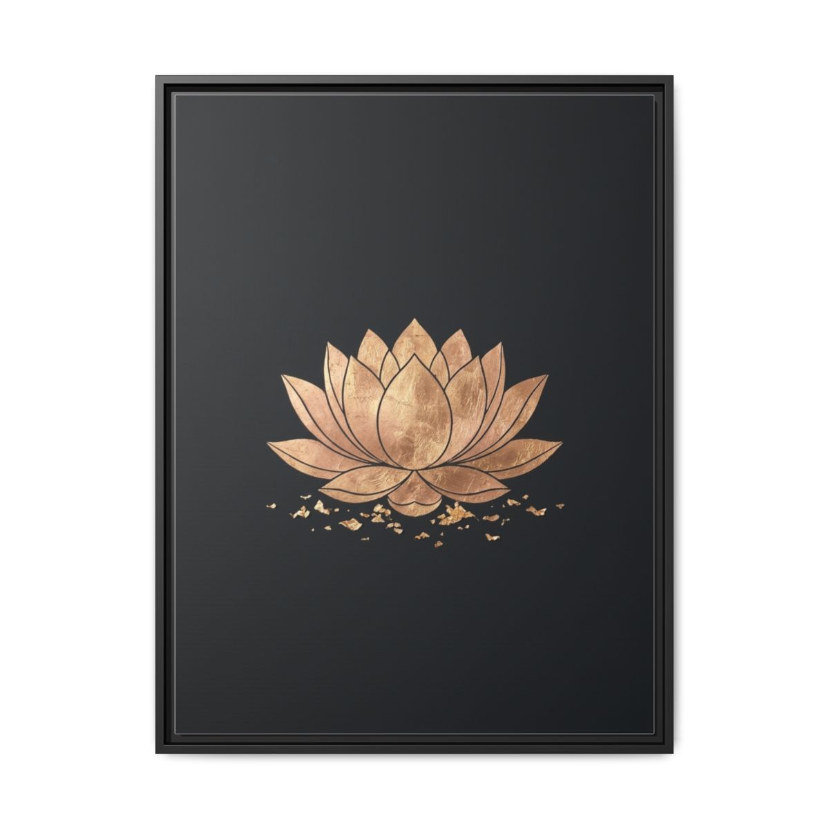 Lotus flower canvas with gold leaf detailing on black minimalist background in zen bedroom decor