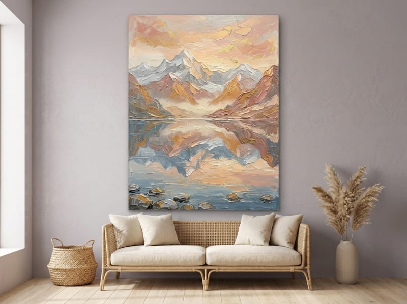 alpine mountain impasto canvas wall art with peach gold and blue reflection for horizontal gallery wall living room