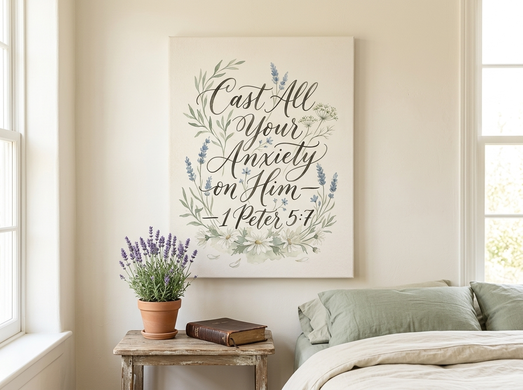 1 Peter 5:7 botanical calligraphy Christian canvas wall art with floral botanical framed print