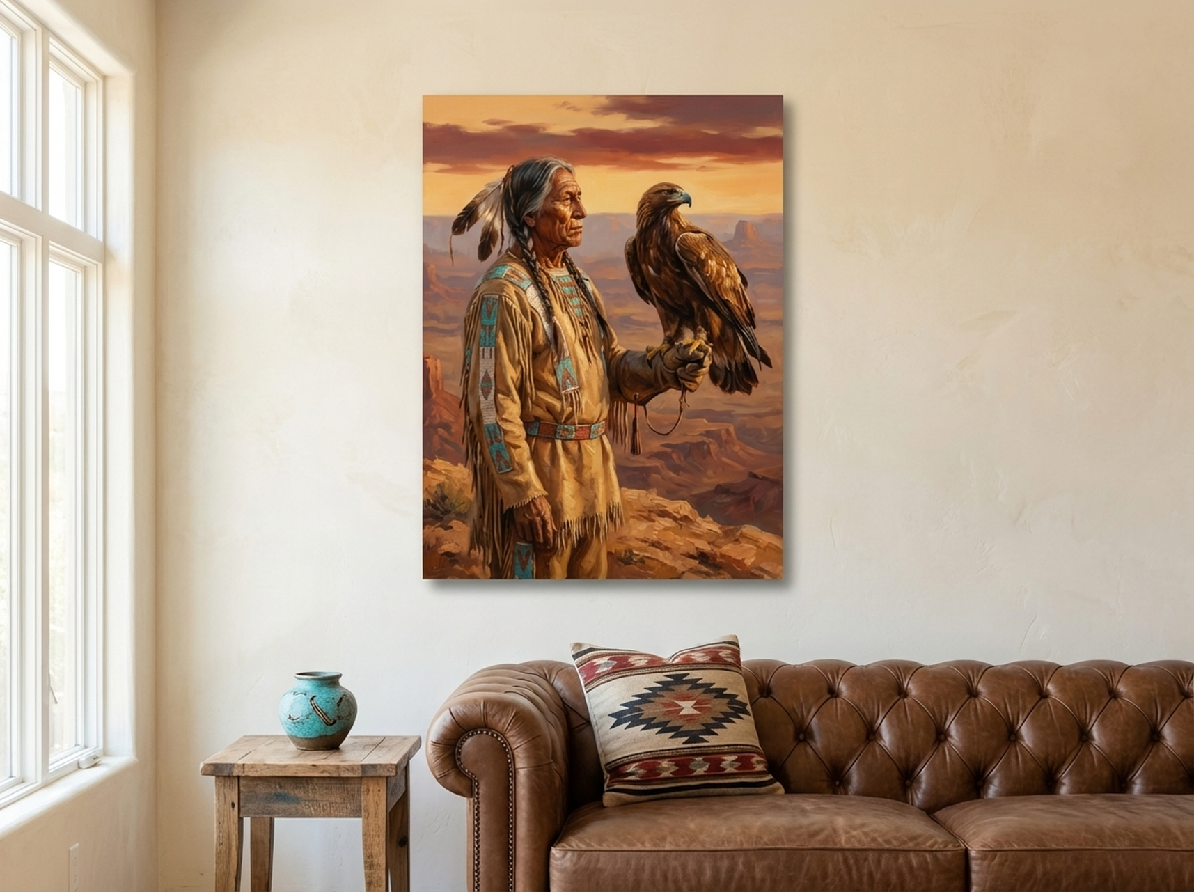 Native American Elder Eagle Spirit oil painting canvas wall art amber terracotta hero piece for man cave