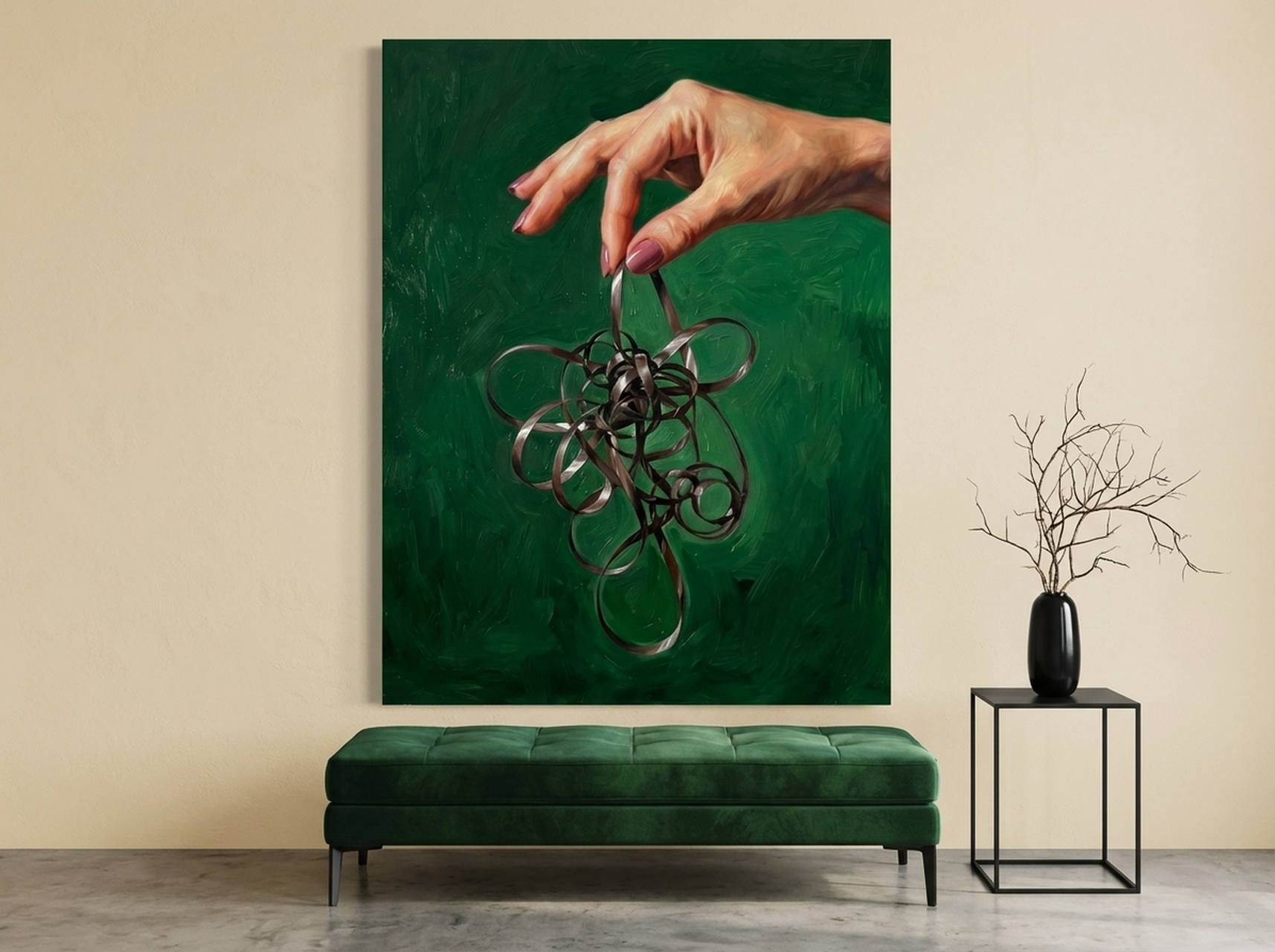 Cassette Tape Hand Oil Painting Canvas Y2K nostalgia wall art in forest green tones for bedroom or living room