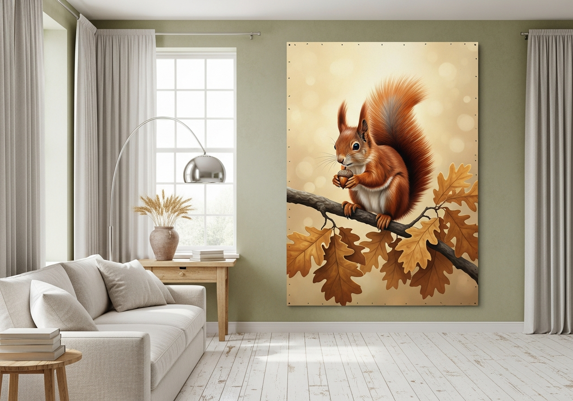 Red squirrel on autumn oak branch canvas wall art in warm oil painting style, perfect for a farmhouse bedroom or reading nook