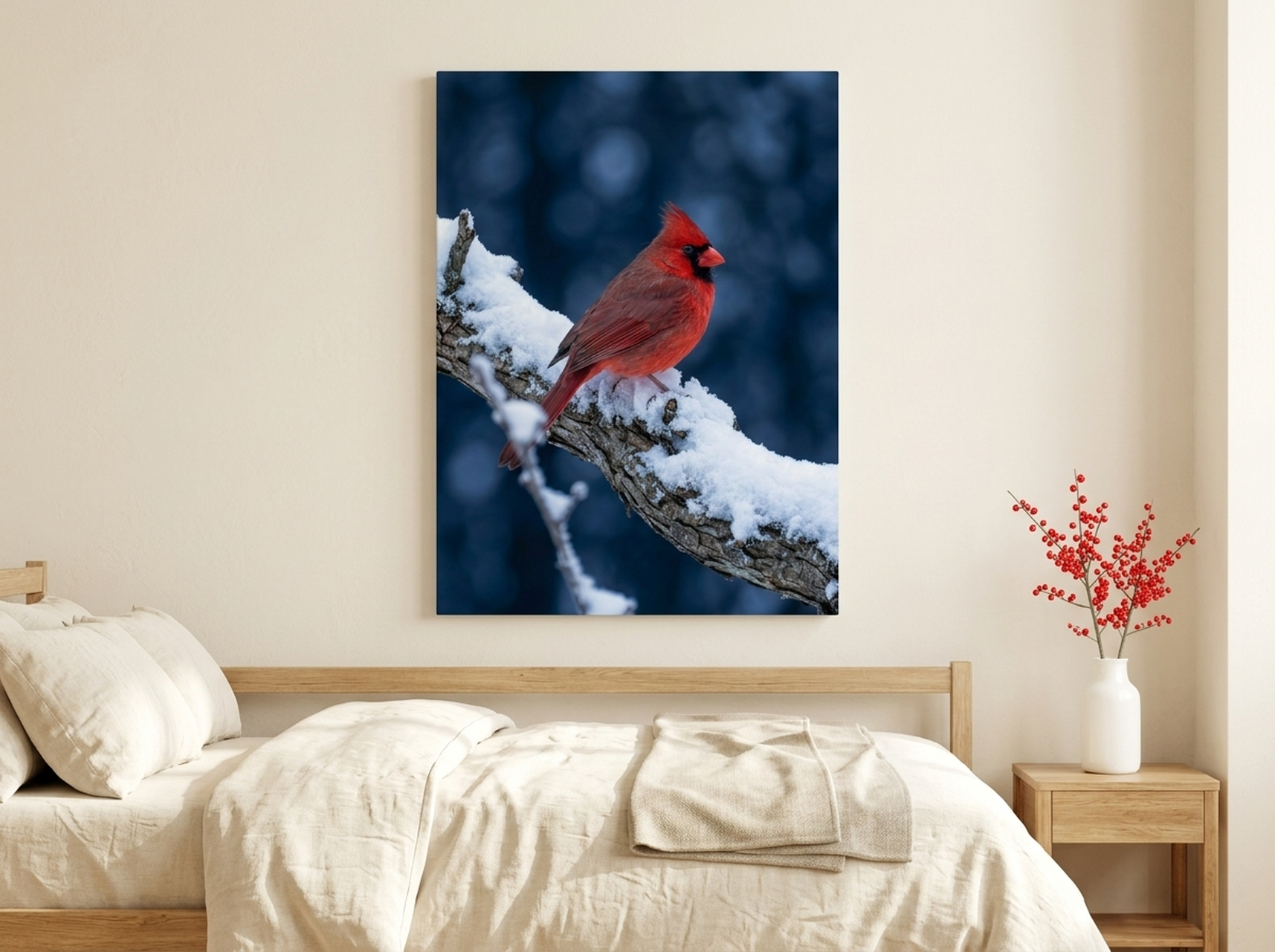 Cardinal bird scripture canvas wall art in red navy and cream tones with winter branches