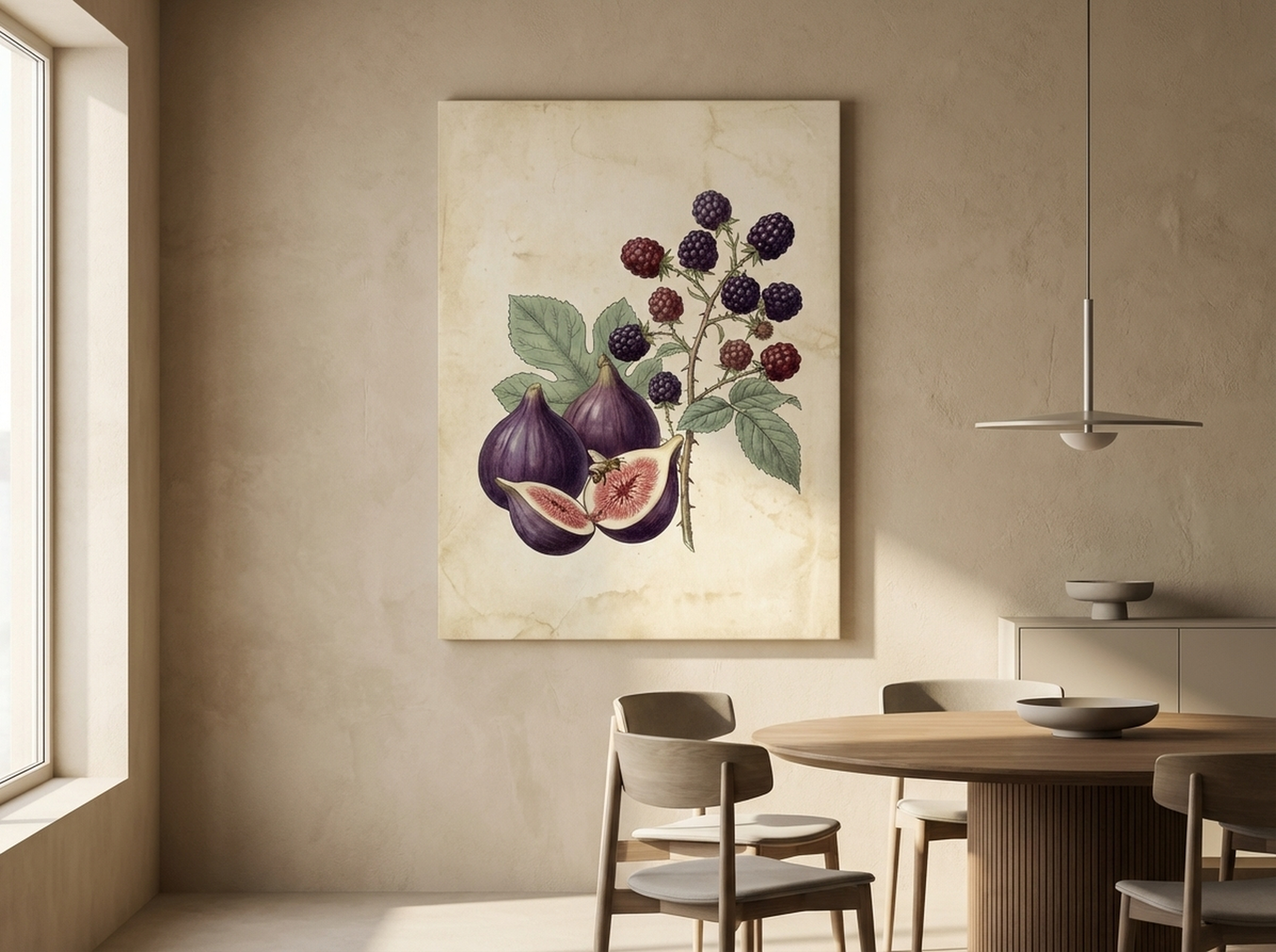 Figs and Blackberries vintage botanical canvas wall art with rich jewel tones, ideal for entryway or hallway decor