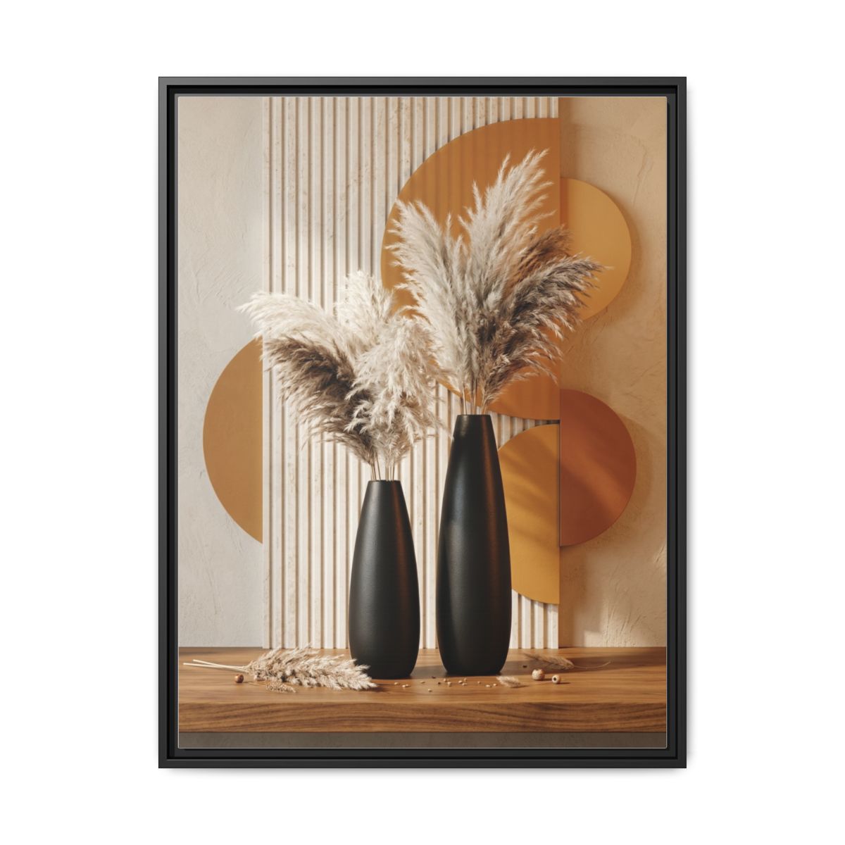 Pampas Vases sculptural canvas wall art with black and gold tones displayed in an elegant living room